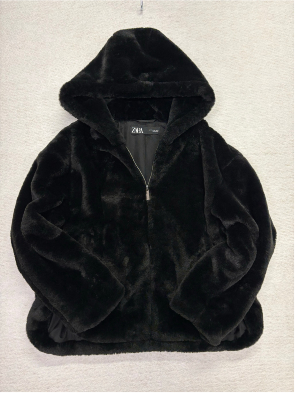 Zara Faux Fur Hooded Jacket XS Black Oversized High Low Plush 6318/221